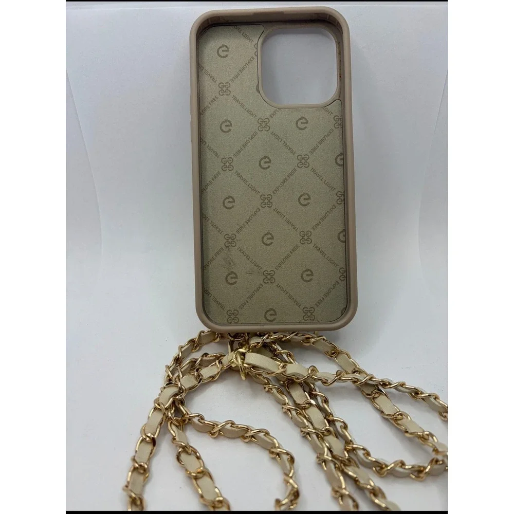 Explore Free Travel Light Quilted iPhone Case Wallet Crossbody Cream Gold Chain
